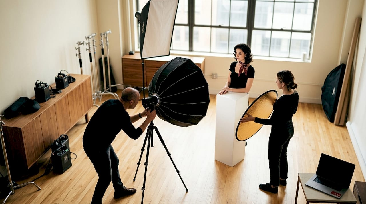 Photographer preparing butterfly lighting setup