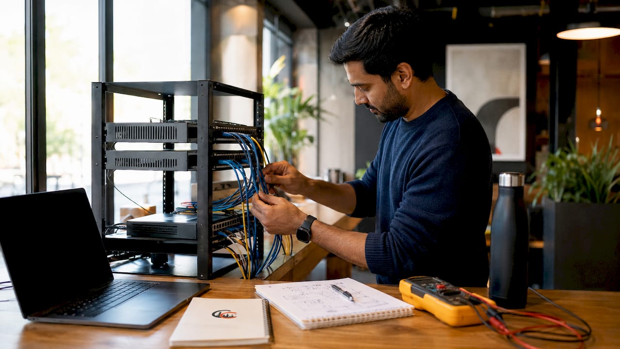 Network engineer organizing cables and switches