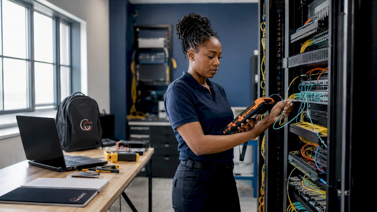 Technician testing network cables in data center