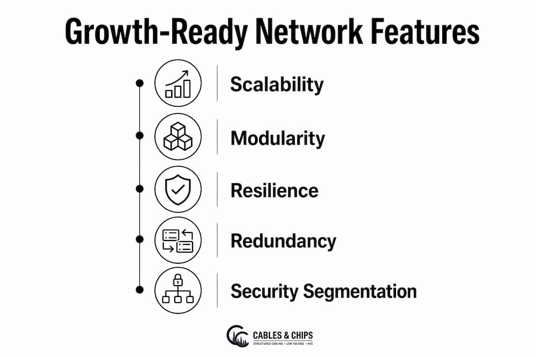 Infographic illustrating core features for scalable network infrastructure supporting growth