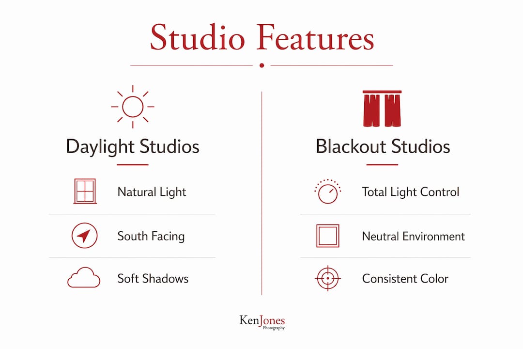 Infographic comparing daylight vs blackout photo studios