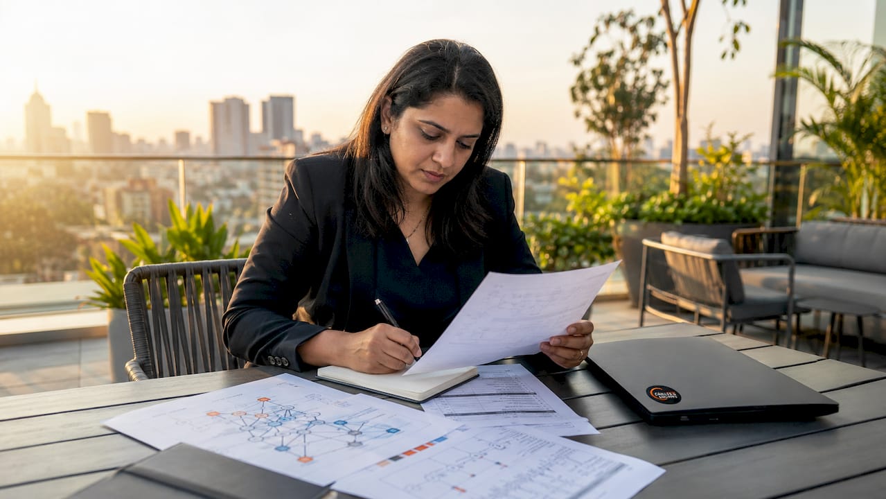 IT professional reviewing network infrastructure audit documents