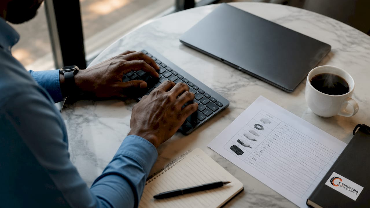 Hands typing audit data on desktop keyboard