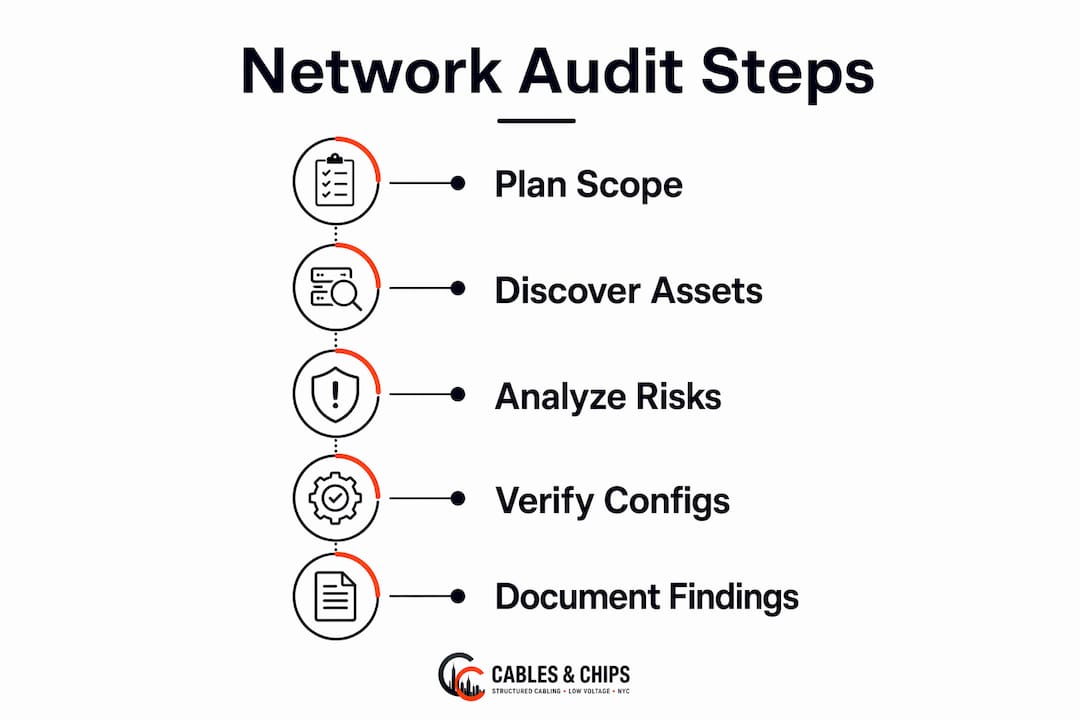 Infographic illustrating network audit process steps
