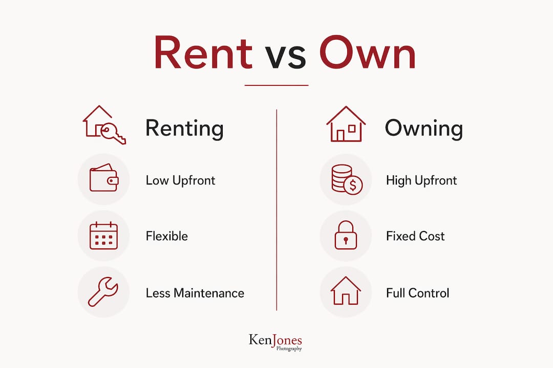 Infographic comparing renting and owning studio costs and benefits