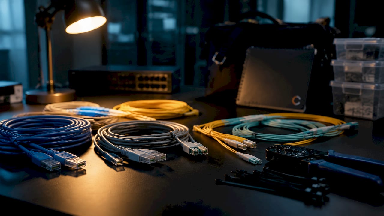 Top-down array of copper and fiber optic patch cords