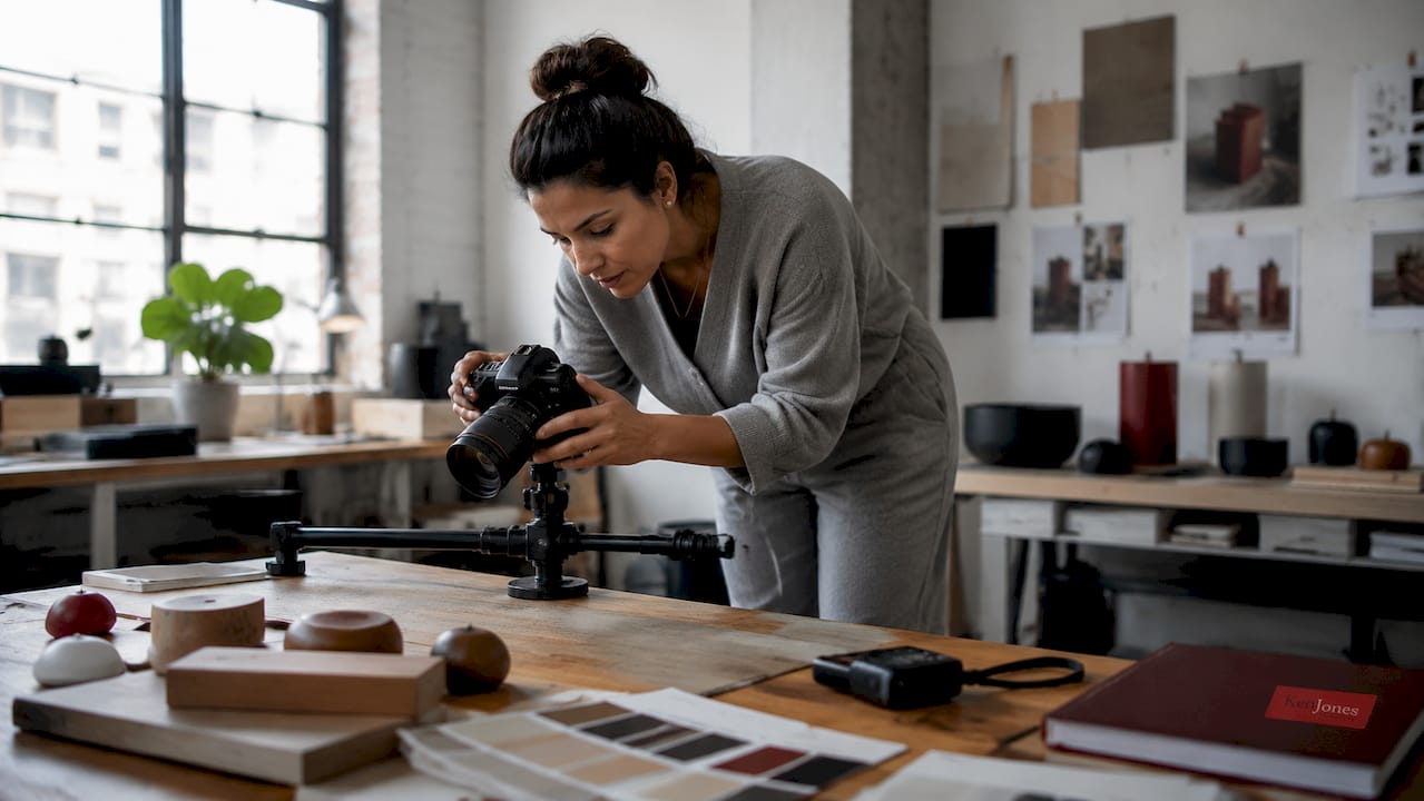 Photographer adjusting camera in Manhattan studio