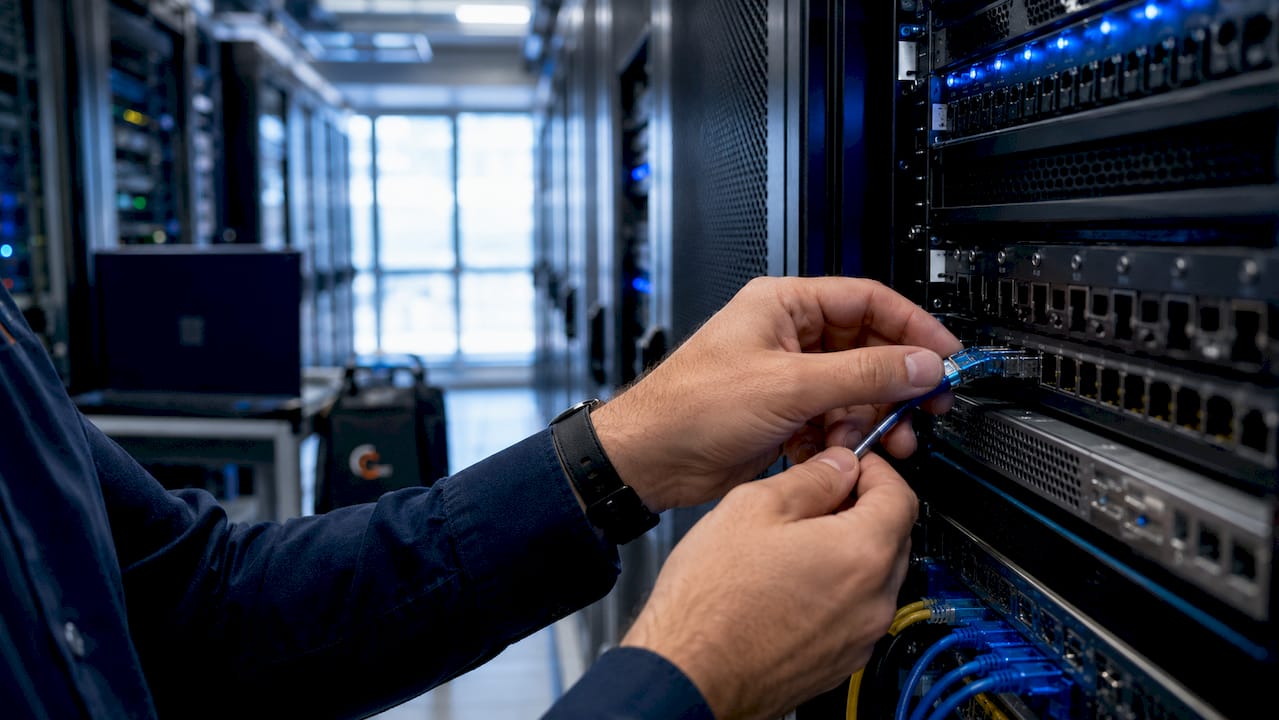 Hands connecting shielded cable in industrial room
