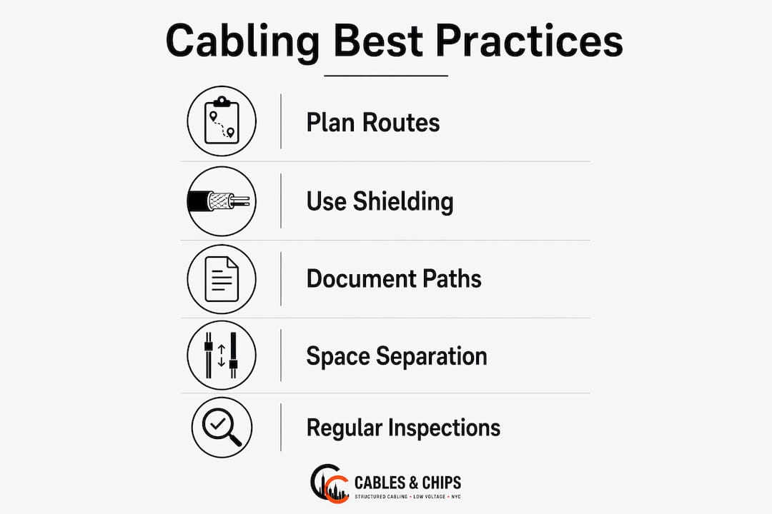 Infographic showing cabling best practices as flow steps