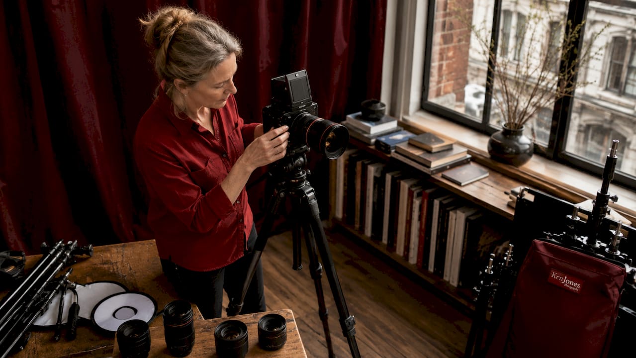 Photographer adjusting camera in Manhattan studio