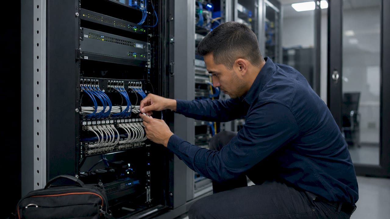 Technician installing Cat6A cables in server rack