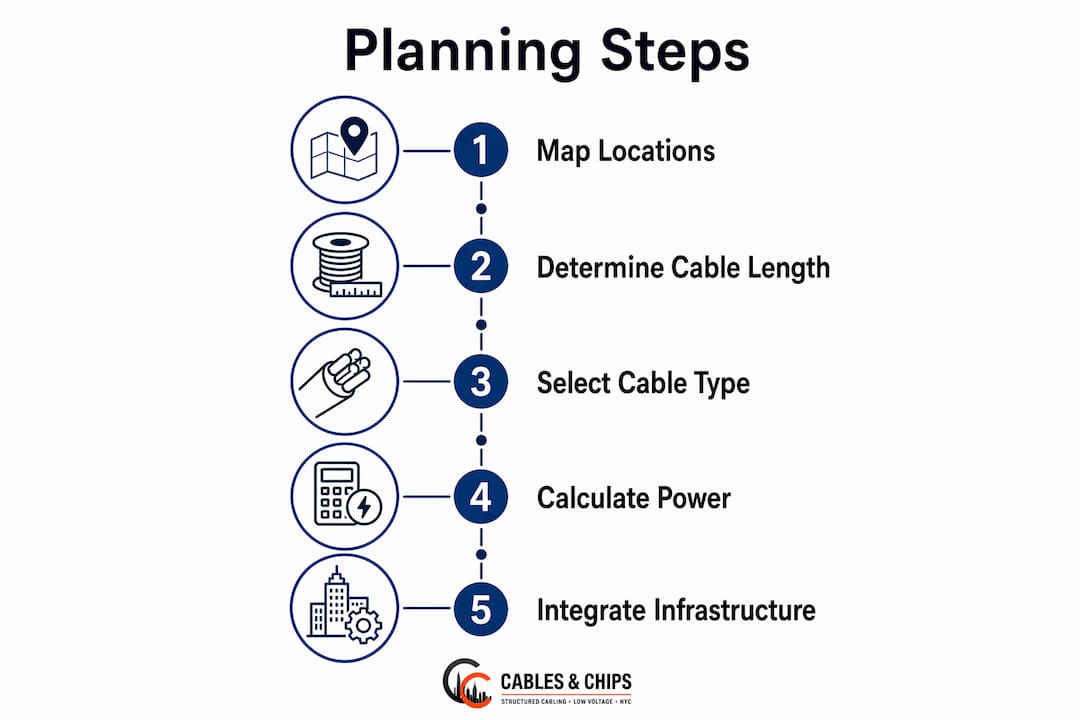 Infographic illustrating security camera cabling planning steps