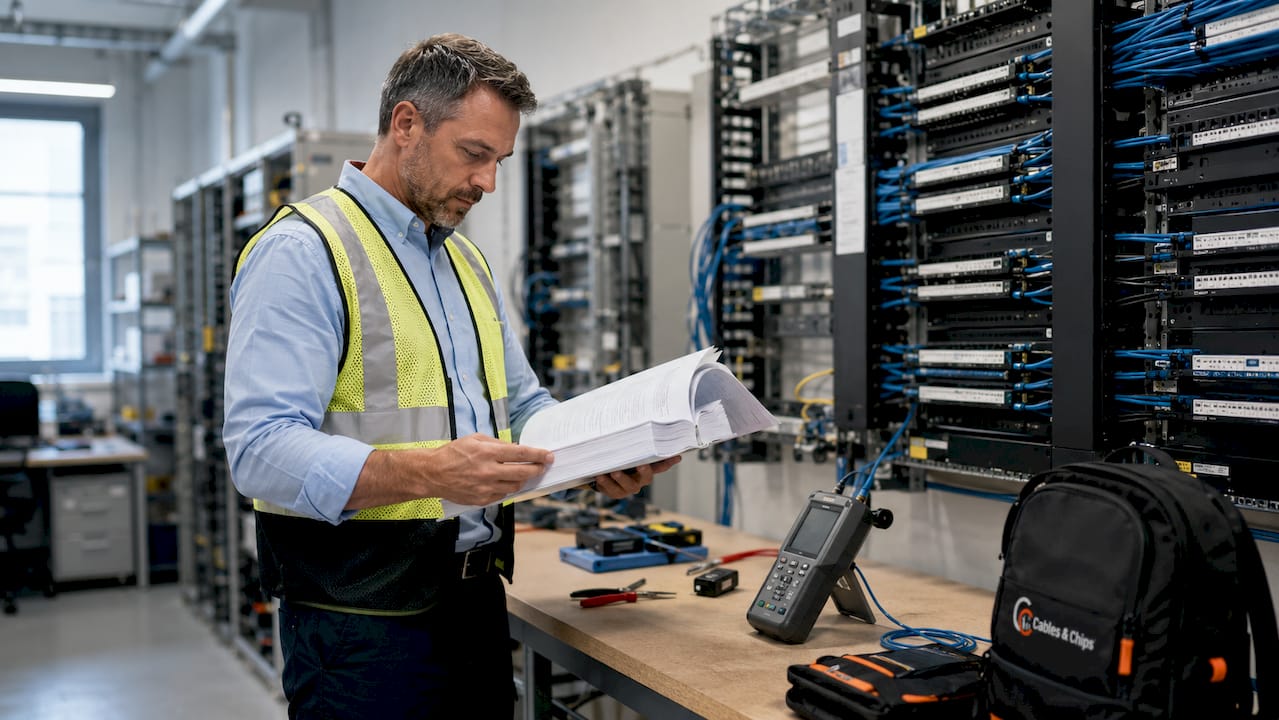 Network engineer reviewing TIA standards document in server room