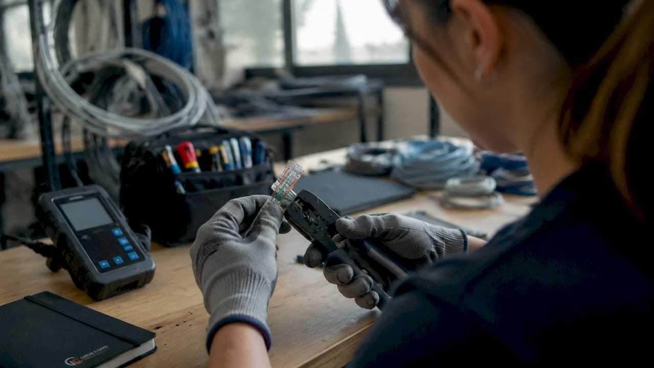 Technician terminating Ethernet cable hand close-up