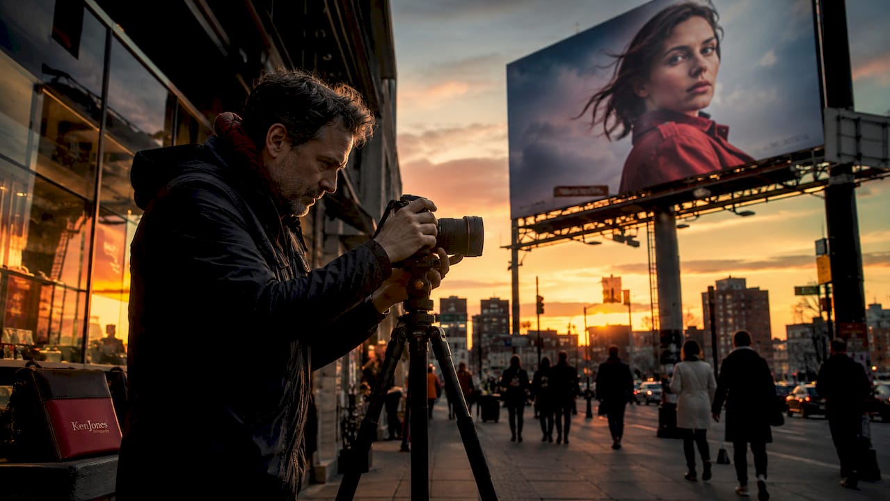 Photographer shooting outdoor billboard at golden hour