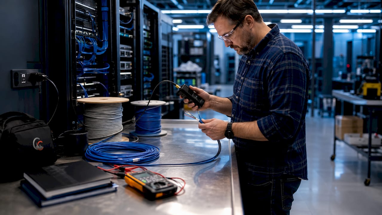 Network engineer testing cable at workbench