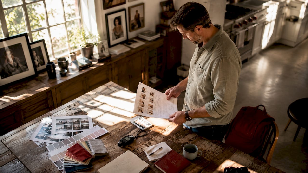Commercial photographer reviewing shot list in studio