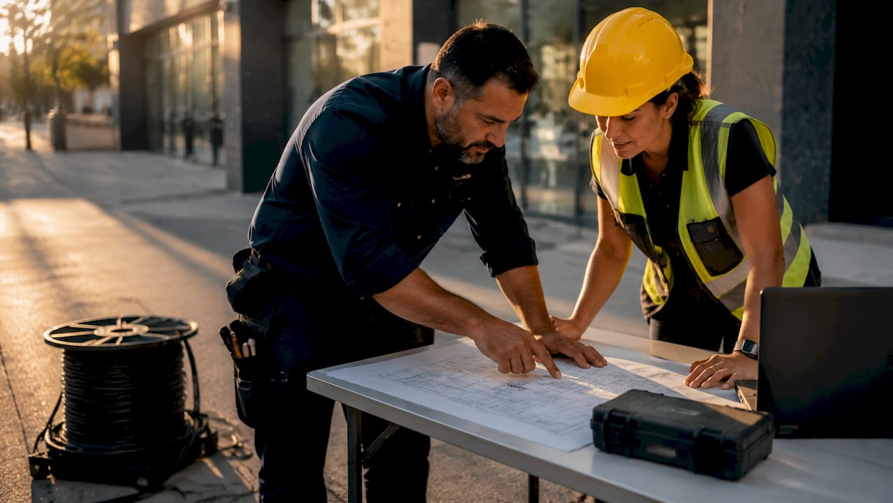 Security installer and cabling subcontractor reviewing plans