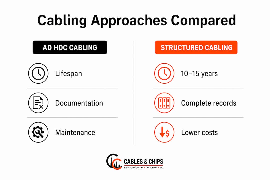 Infographic comparing ad hoc and structured cabling