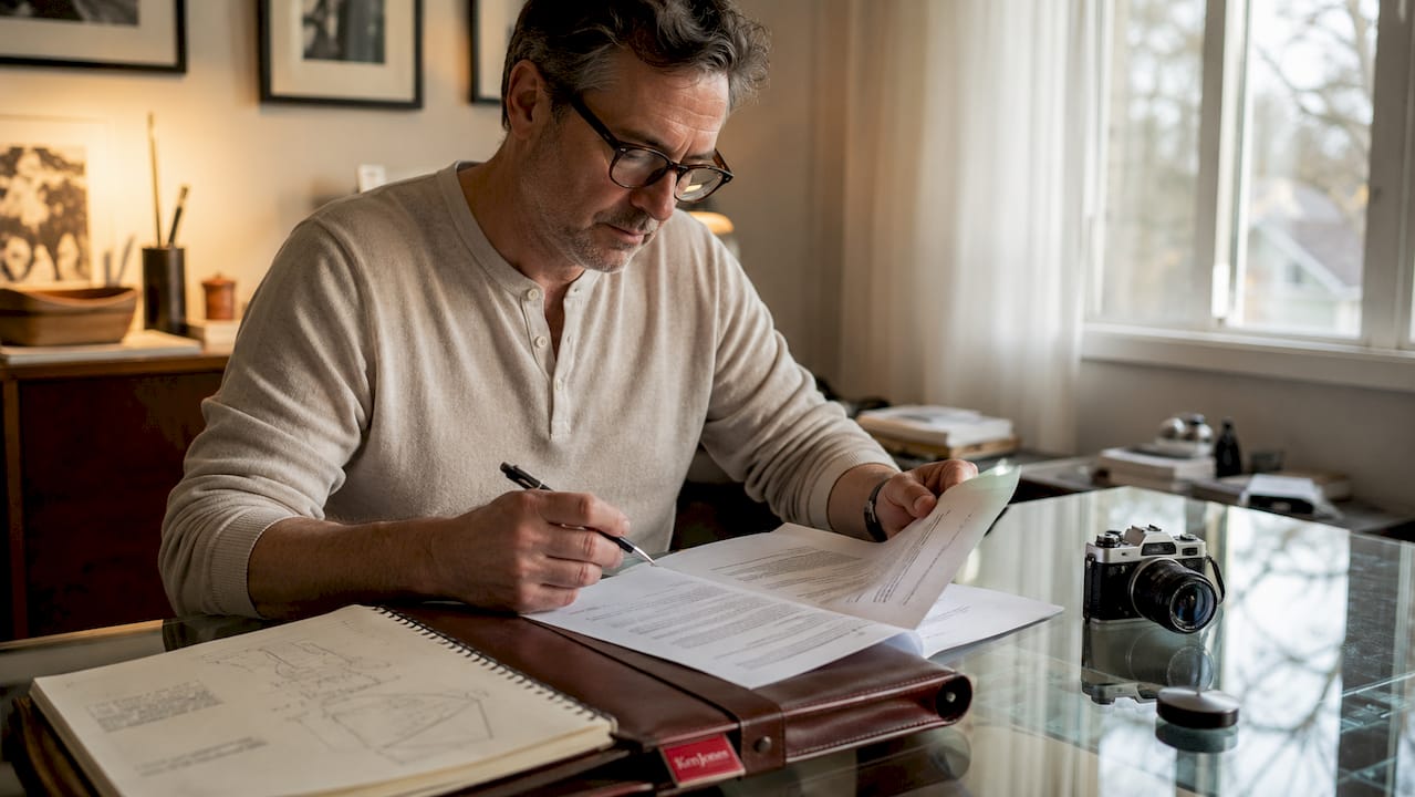 Photographer reviewing license paperwork in studio