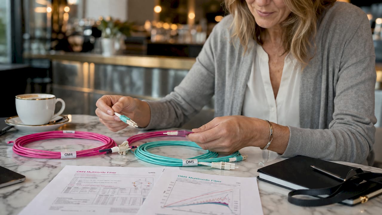 Hands comparing fiber optic cables and datasheets