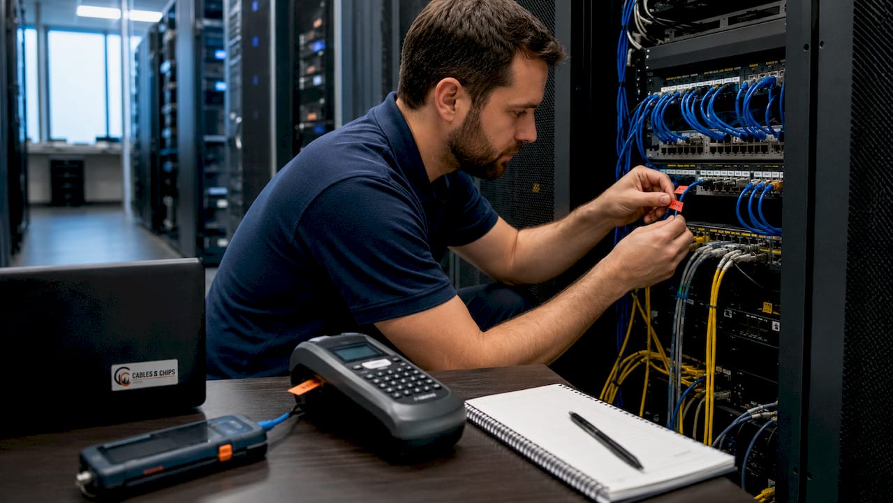 Network technician labeling cables in server room