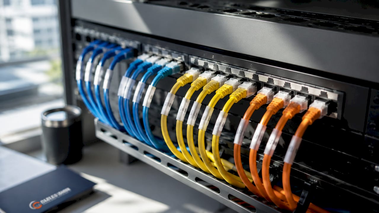 Close-up of labeled Ethernet cables in patch panel