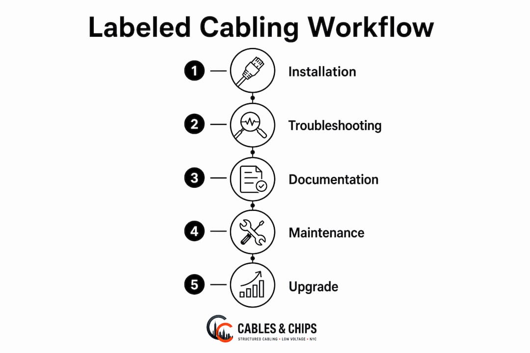 Infographic showing labeled cabling workflow stages