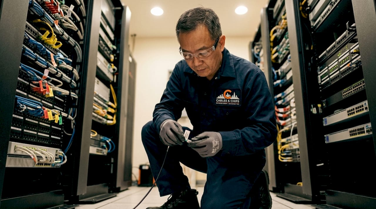 Technician labeling cables in server room