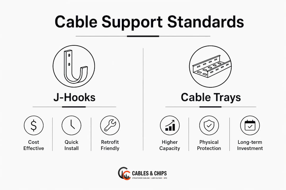 Infographic comparing J-hooks and cable trays for cable management