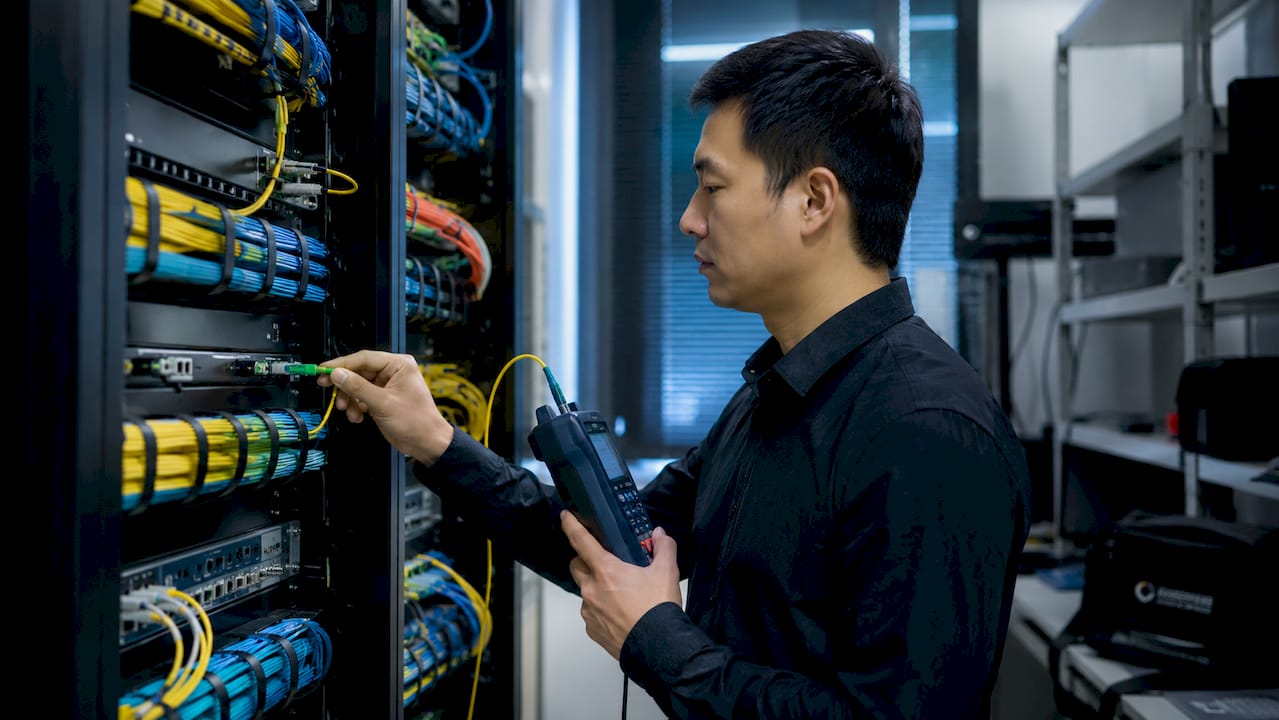 Hands performing fiber optic insertion loss test