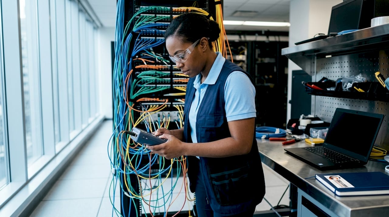 Network technician testing cables in server room