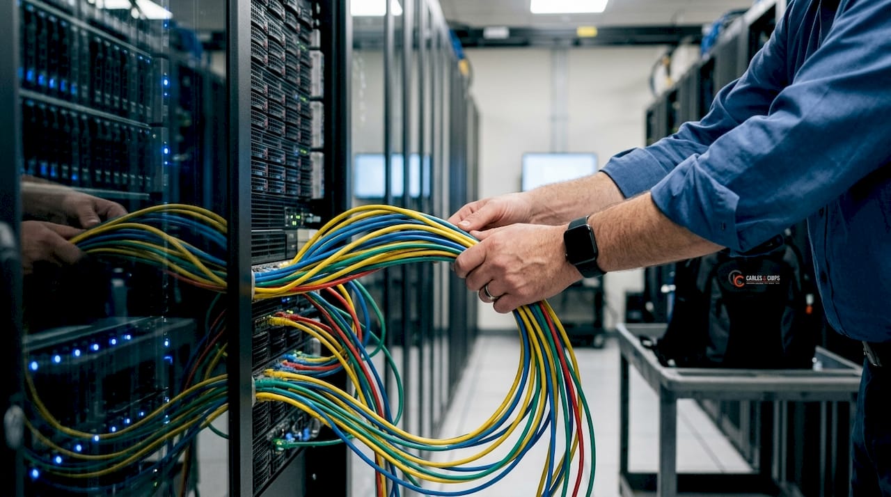 Hands arranging Ethernet cables in ceiling cable tray