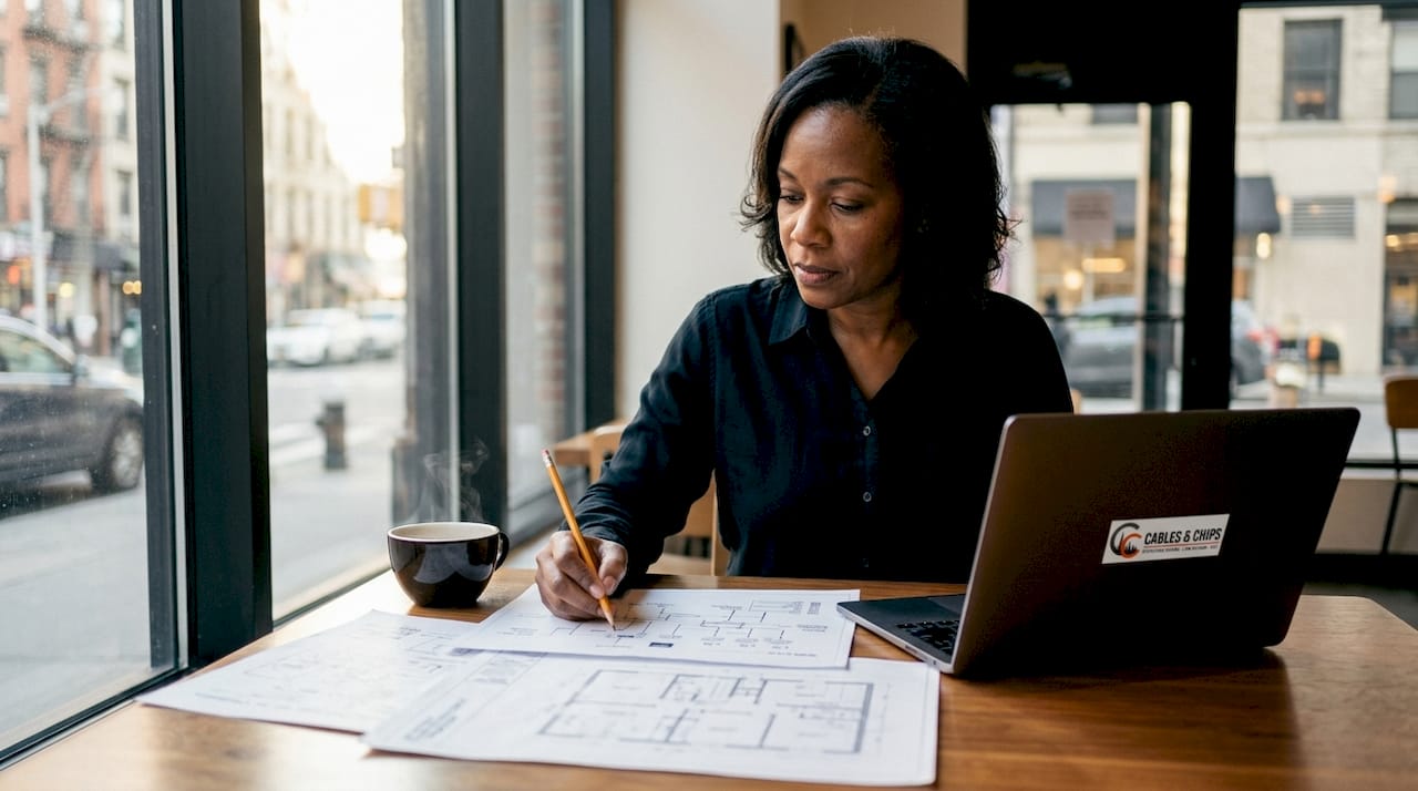 Engineer reviewing network renovation blueprints