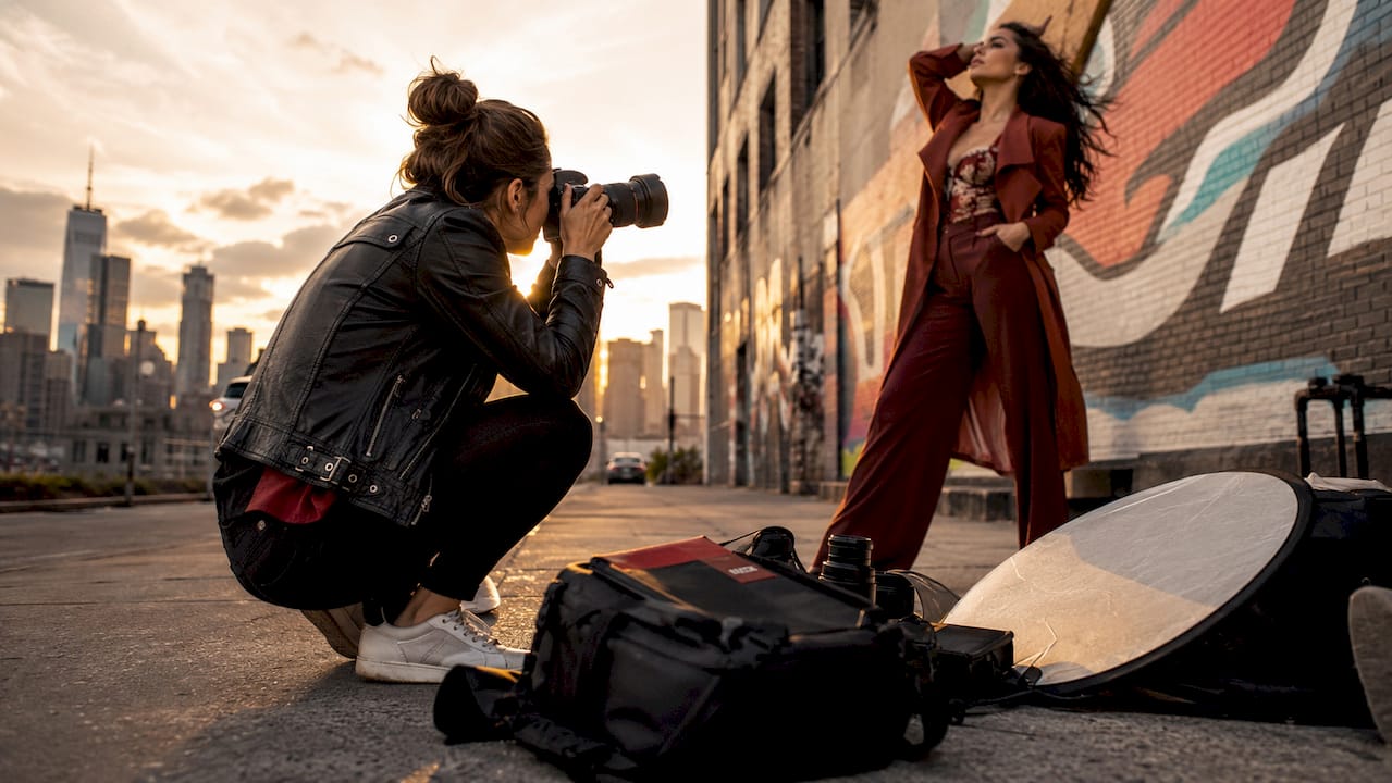 Fashion photographer shooting editorial on NYC rooftop