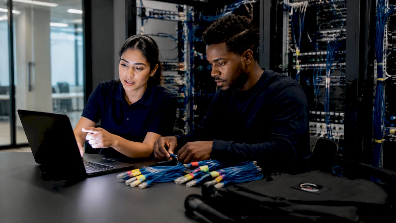 Two technicians updating cabling documentation with tablet