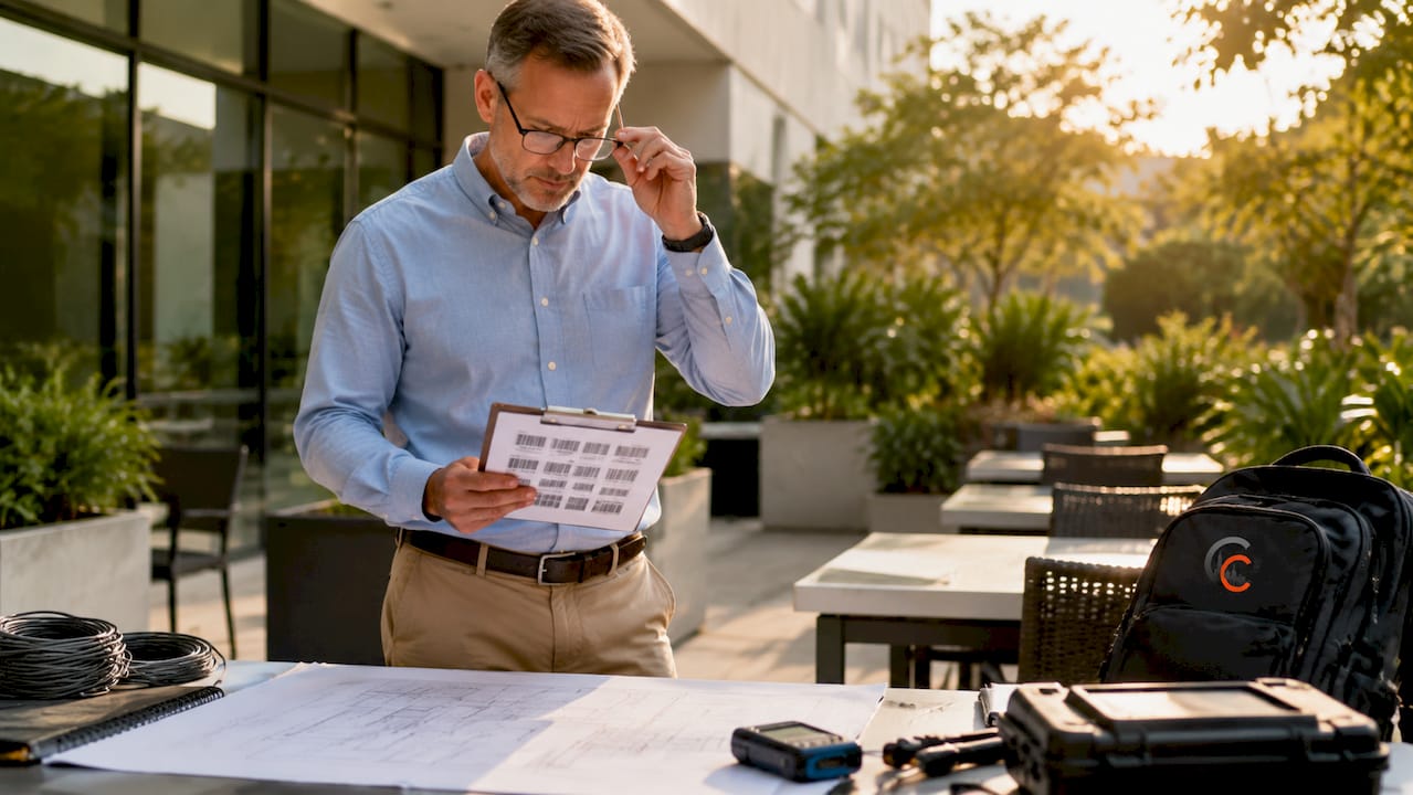 Engineer inspecting and documenting enterprise cabling