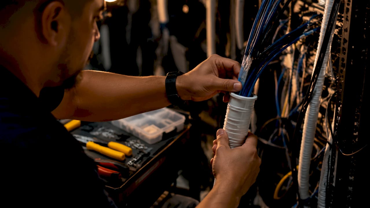 Technician installing Cat6A cables in server room