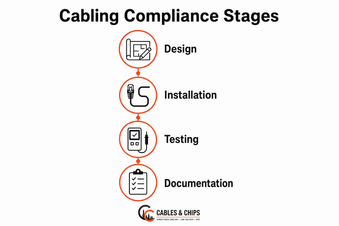 Infographic outlining key cabling compliance stages