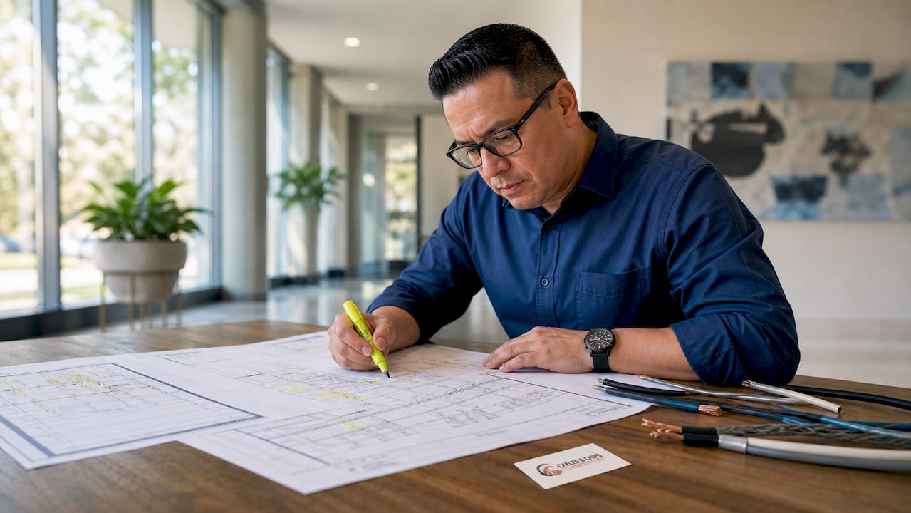 Technician reviewing secure facility CCTV cabling schematics