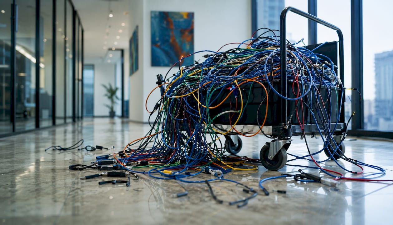 Close-up of tangled spaghetti server cables