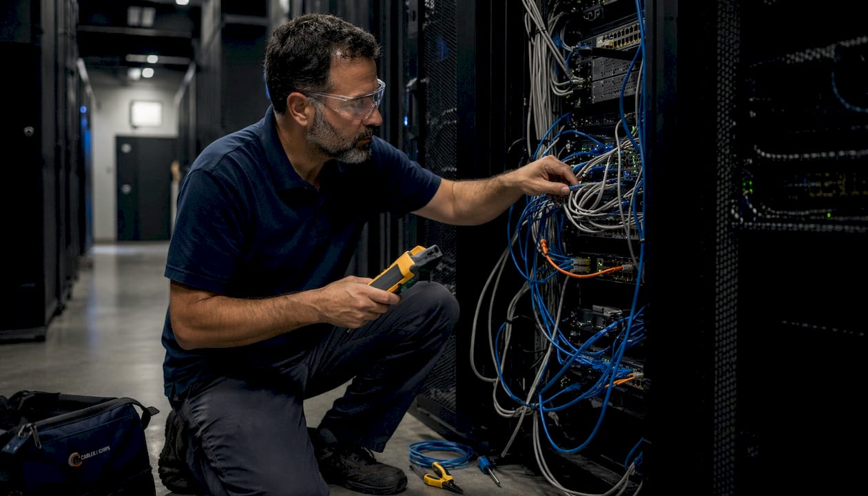 Technician inspecting tangled server rack cables