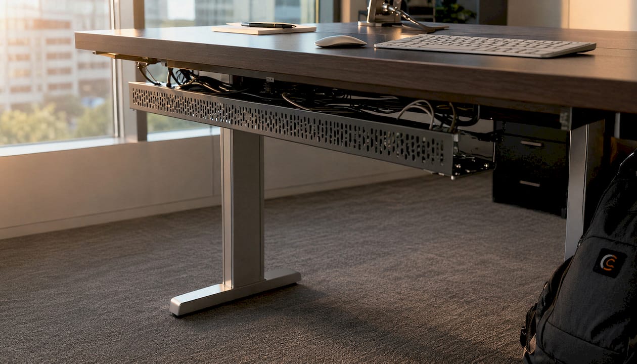 Under-desk cable tray organizing office cables