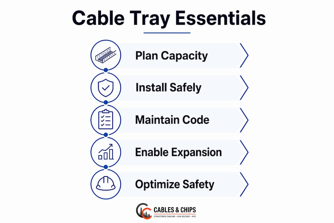 Infographic outlining cable tray key steps in offices