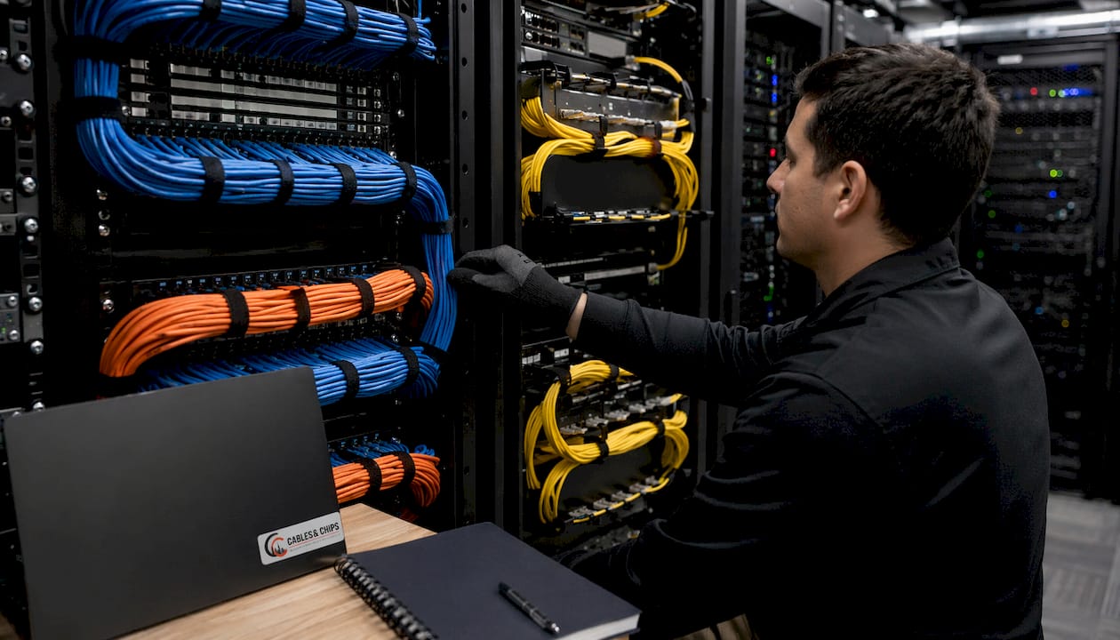 Neatly stored fiber and copper cable slack loops