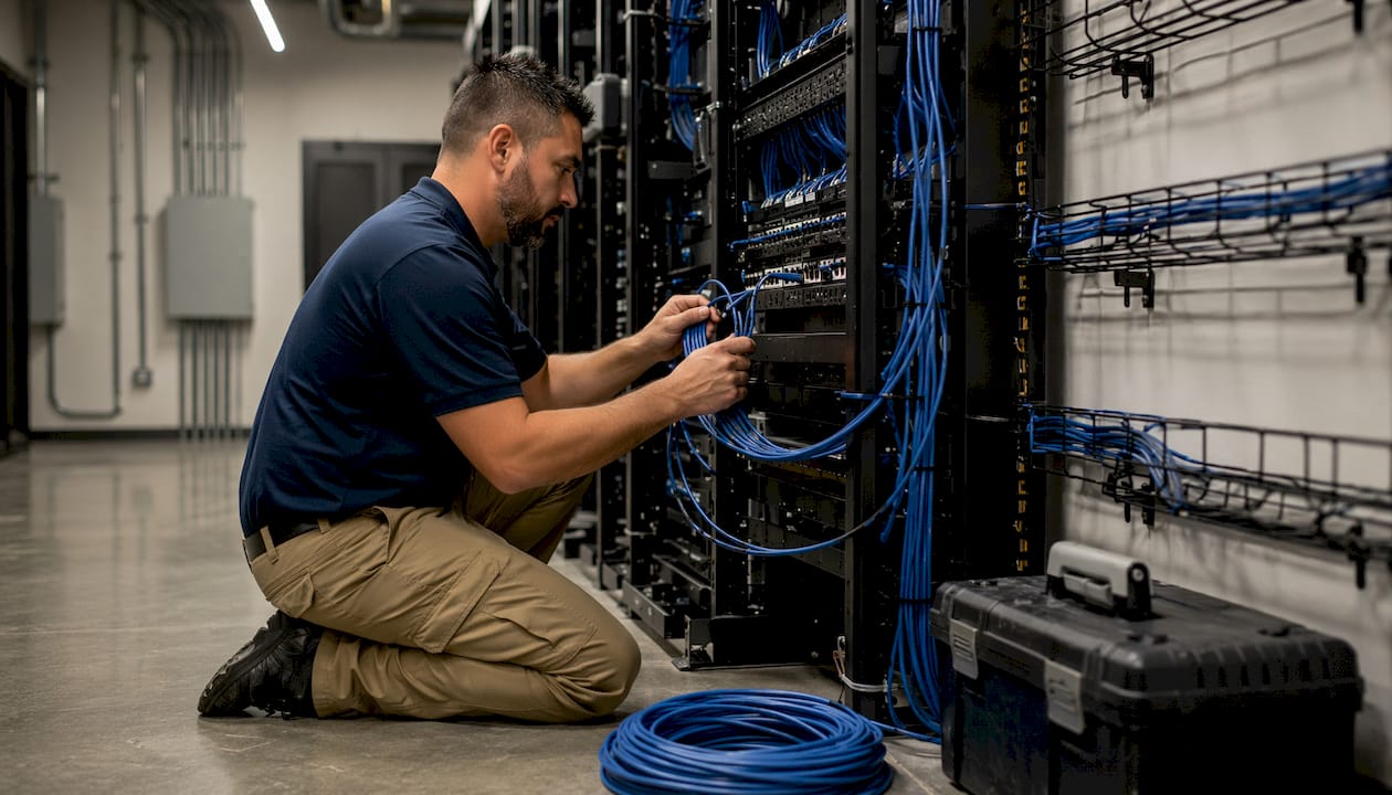 Technician organizing cable slack in telecom rack