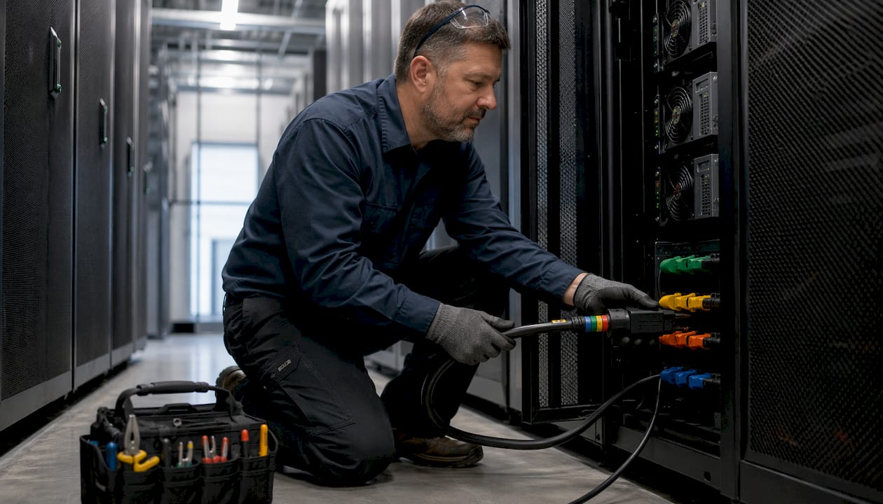 Technician installing PDU whip in data center