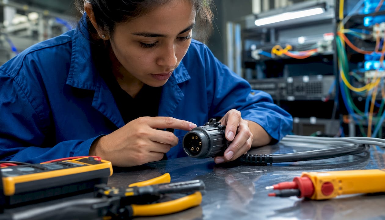 Hands inspecting PDU whip locking connector