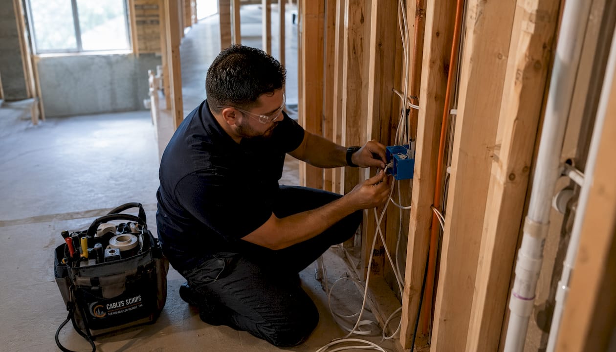 Electrician installing low voltage cables in wall