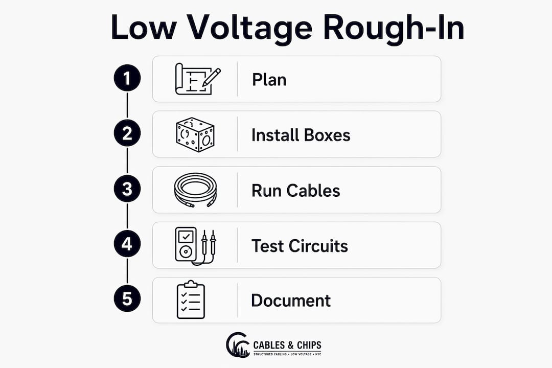 Infographic illustrating low voltage rough-in steps